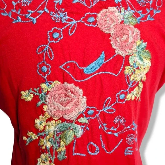 Johnny Was Love Bird Floral Embroidered Flutter Short Sleeve Top Tee Red Sz Med - Picture 6 of 8